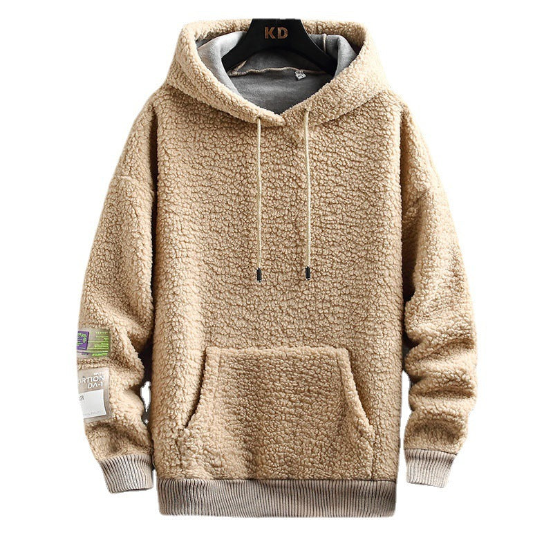 Men's Hooded Drawstring Pocket Lamb Wool Sweatshirt Velvet Padded Thickened Coat