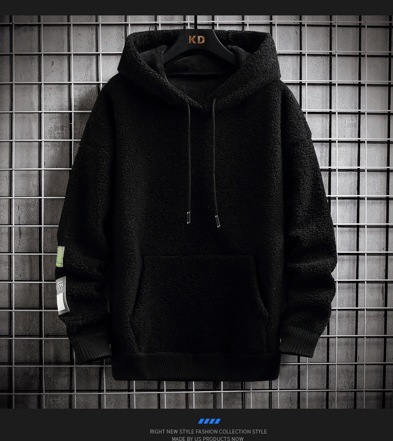 Men's Hooded Drawstring Pocket Lamb Wool Sweatshirt Velvet Padded Thickened Coat